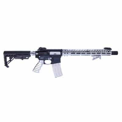 a black and white rifle with a white background