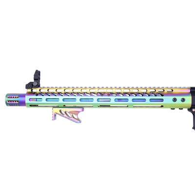 a multicolored rifle with a metal barrel