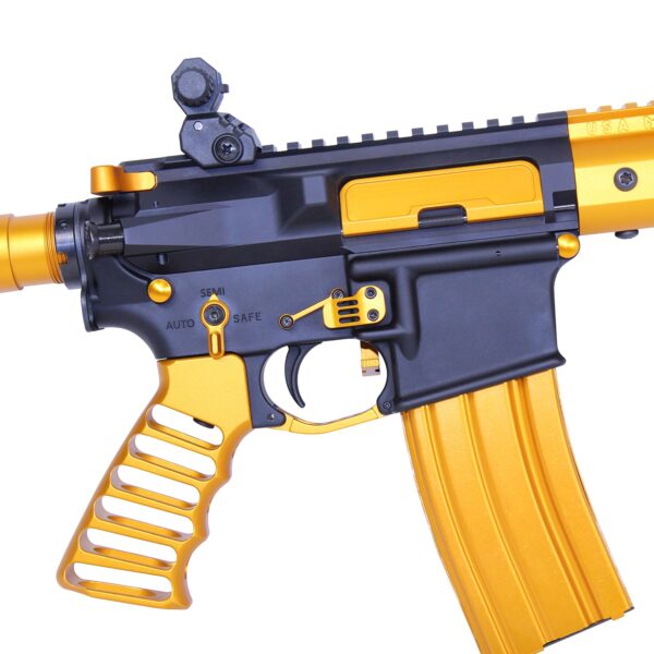 a yellow and black toy gun on a white background