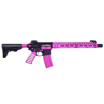 a pink and black rifle on a white background