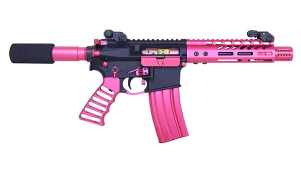 a pink and black toy gun on a white background