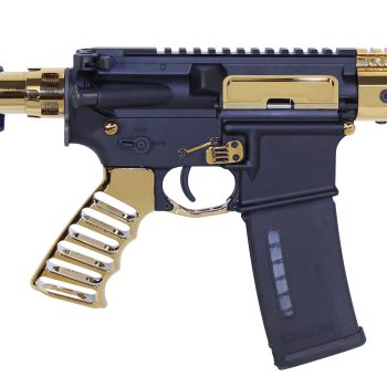a toy gun with gold accents on a white background