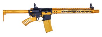 a gold and black rifle on a white background
