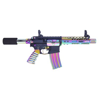 a multicolored gun with a gun clipping out of it
