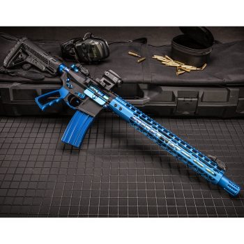 a blue and black nerf rifle laying on top of a case