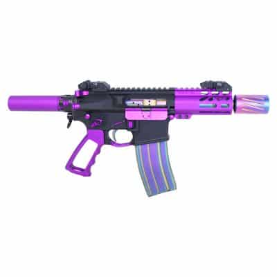 a purple and black gun on a white background