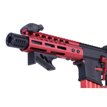 a red and black rifle on a white background
