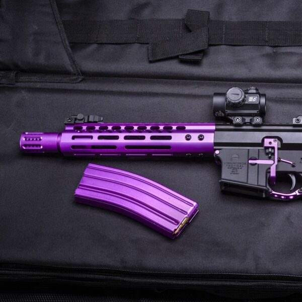 a purple gun and a purple rifle case