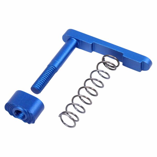 a blue screw and spring on a white background