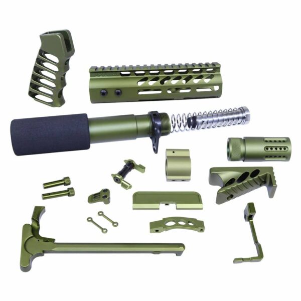 an assortment of parts for a rifle