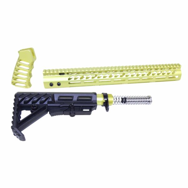 a yellow and black rifle and a black and white gun
