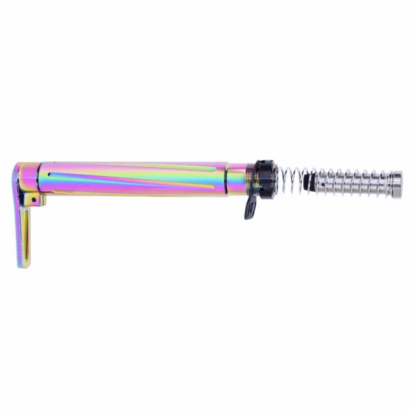 a multicolored hair dryer on a white background