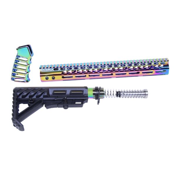an ar - 15 rifle with a multicolored barrel and spring assembly