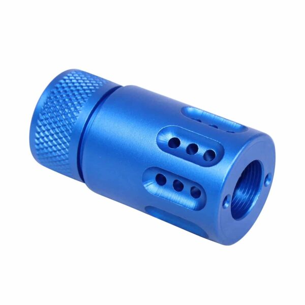 a blue metal object with holes in the middle