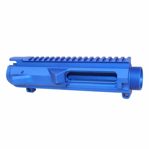 a blue plastic muzzle for a rifle on a white background