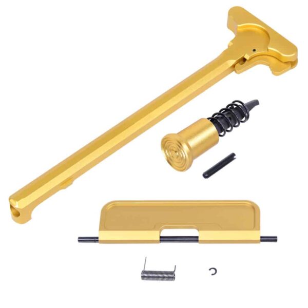 a gold door handle with screws and tools