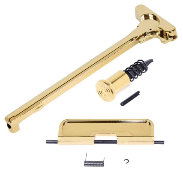 a golden door handle and latch with screws