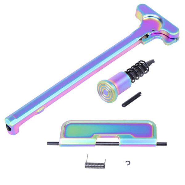 a pair of colorful skateboards and a tool on a white background