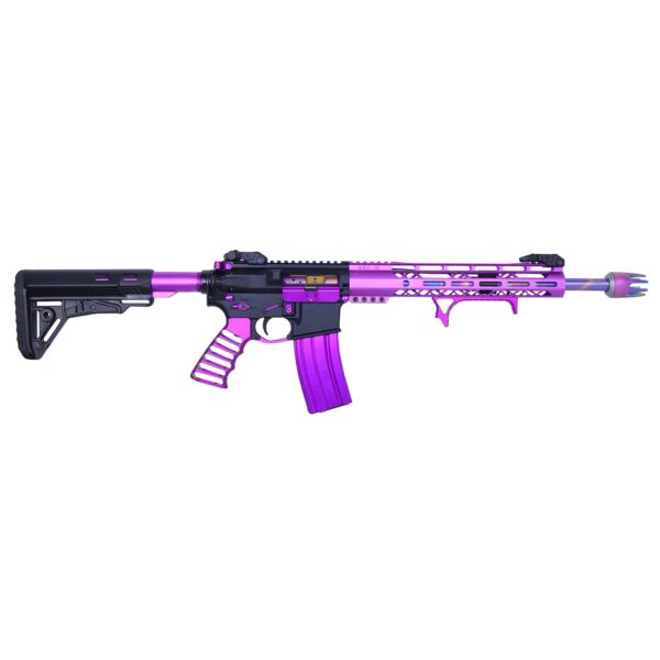 a purple and black rifle on a white background