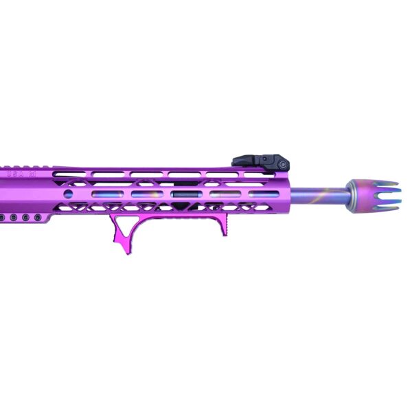 a purple rifle with a black handle and a purple barrel