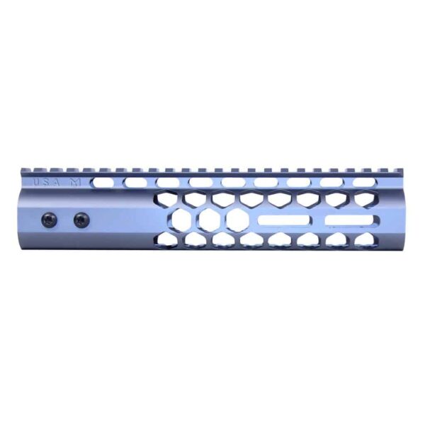 a blue rifle rail with holes on it