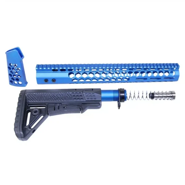 a blue rifle with a gun and a screwdriver