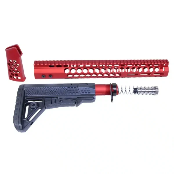 a red rifle with a gun and a screwdriver