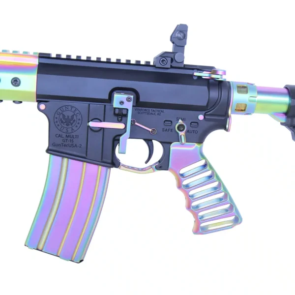 a multicolored gun with a metal barrel