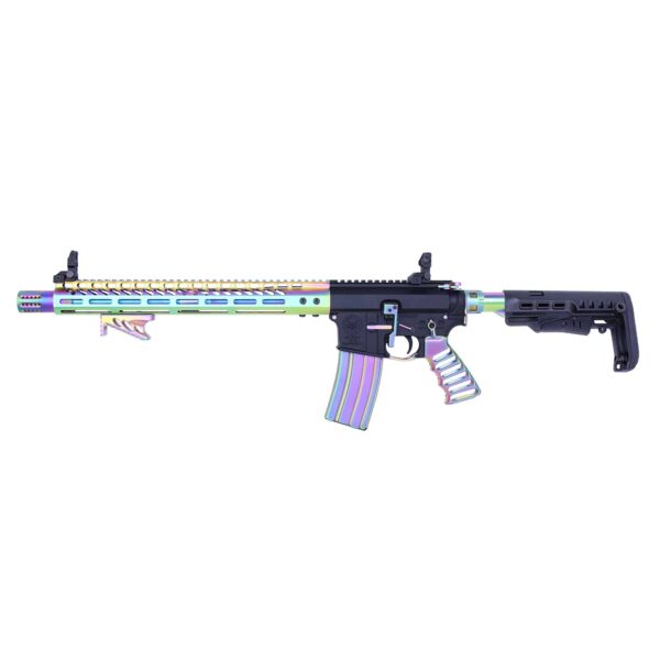 a rifle with a multicolored barrel