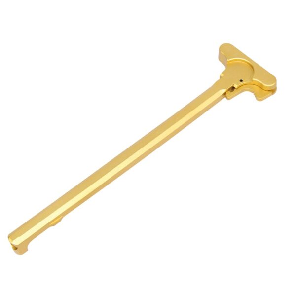 a golden metal door handle on a white background