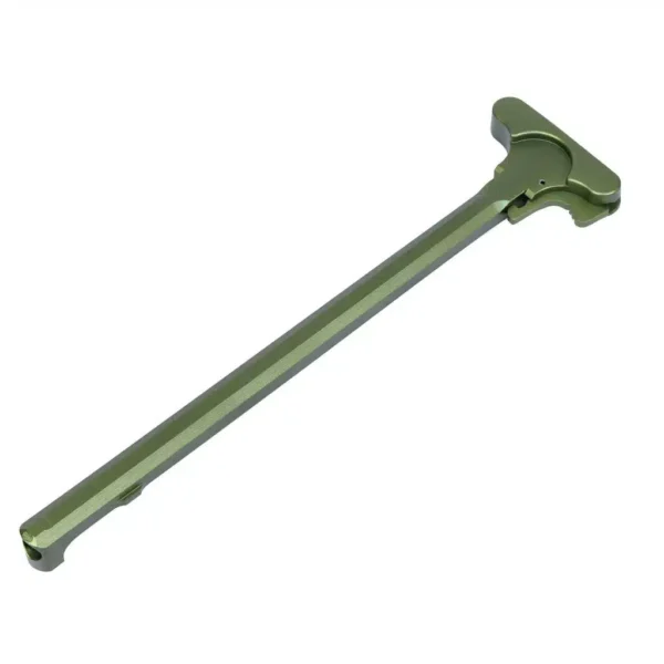 a green metal handle on a white background