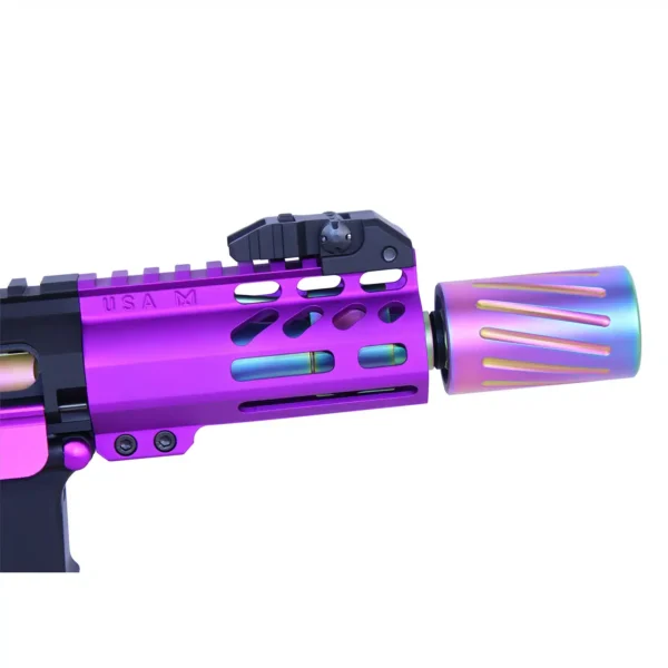 a close up of a purple and black gun