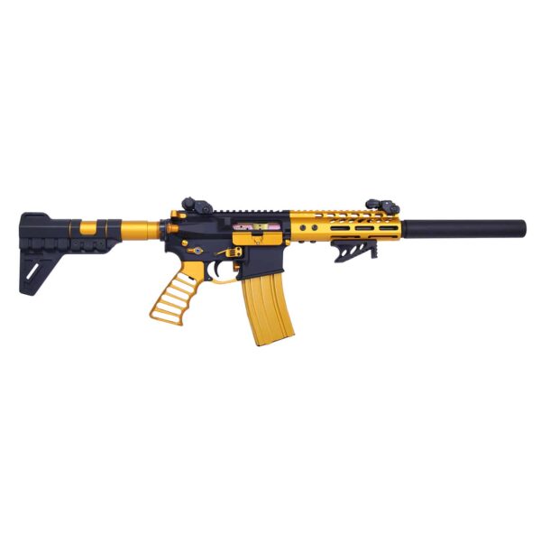 a yellow and black rifle on a white background