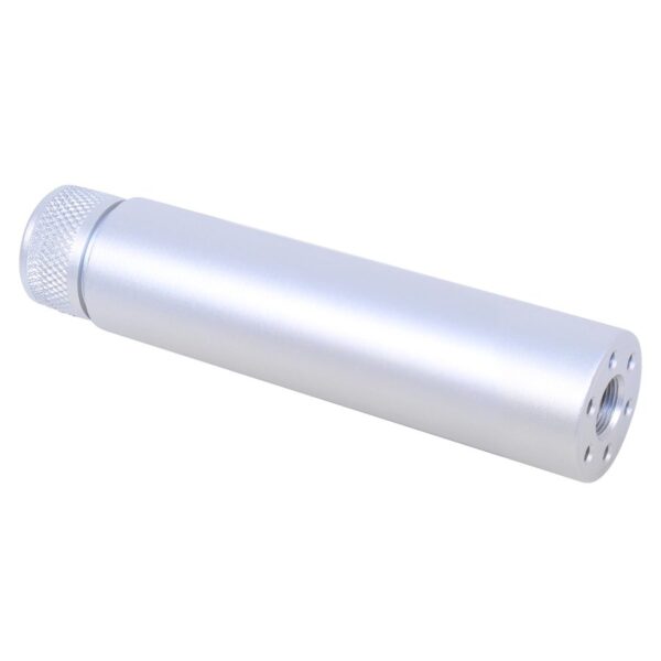 a silver cylinder with a white top on a white background