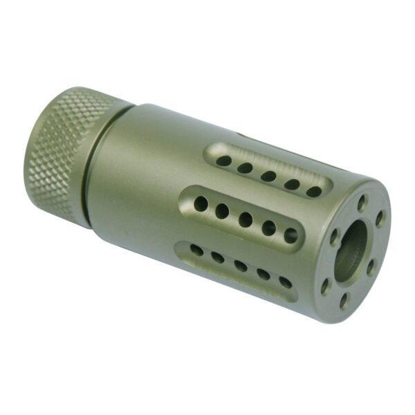 a green metal object with holes in the middle