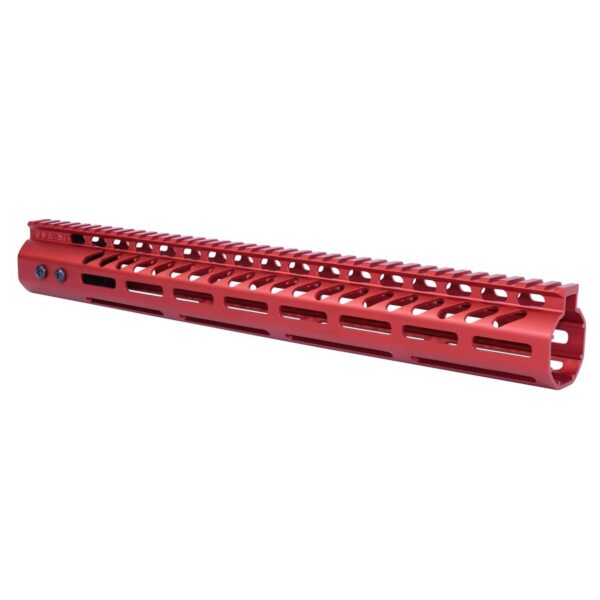 a red plastic rack for a rifle on a white background