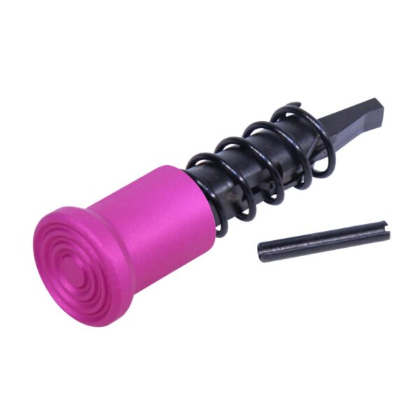 a pink roller with a black handle on a white background