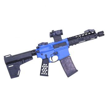 a toy gun with a blue barrel and a black barrel