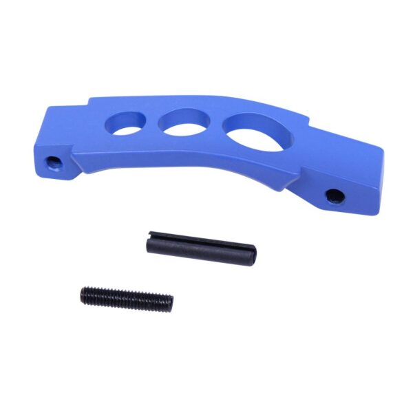 a blue plastic bracket with screws and screws