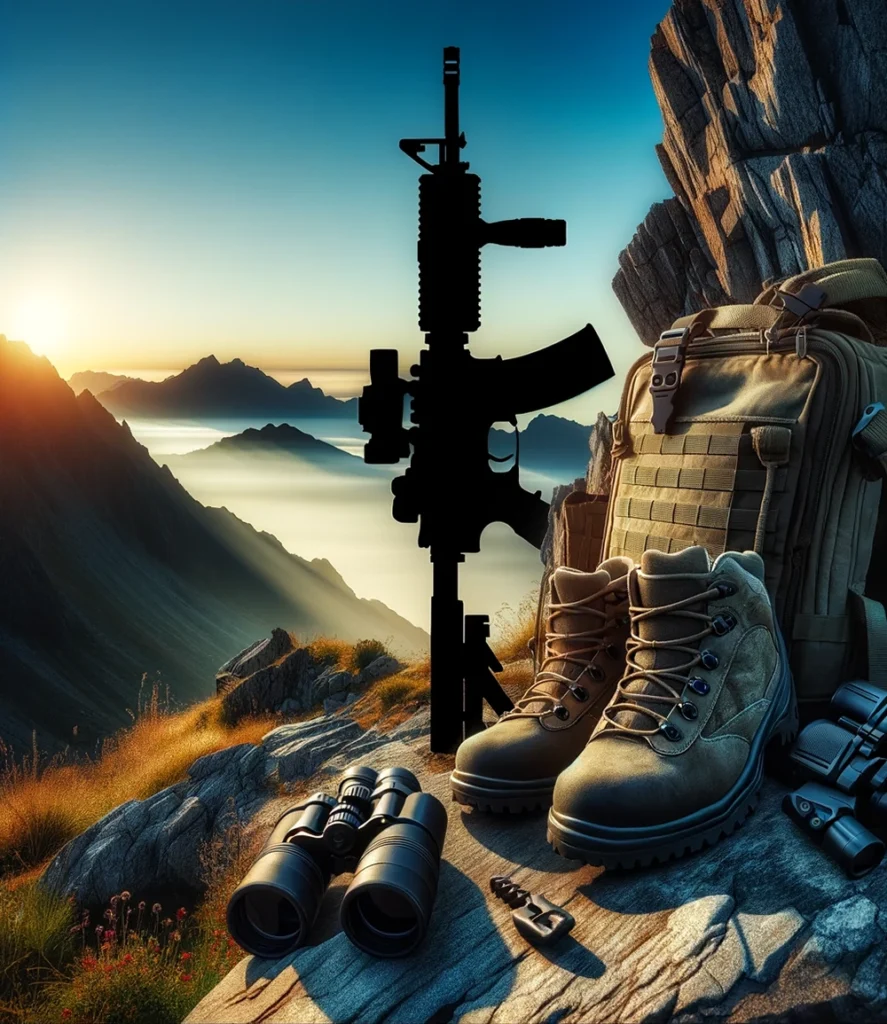 Mountainous Terrain with AR-15, Binoculars, Boots, and Tactical Vest - Ready for Adventure