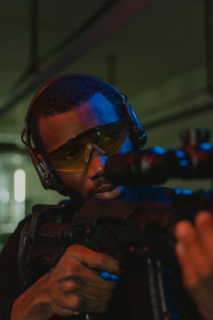 Man in protective gear aiming a sniper rifle indoors. Perfect focus and intensity.